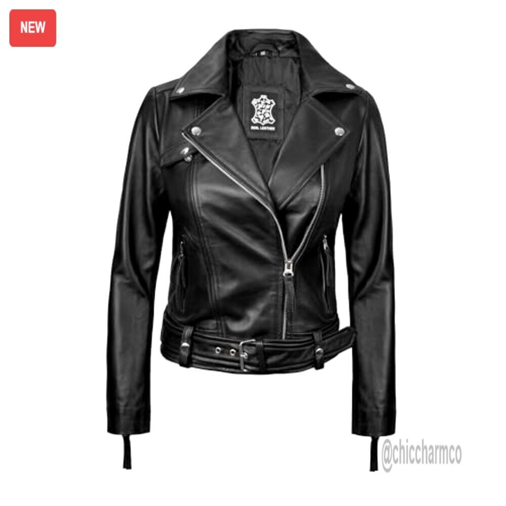 Real Lambskin Leather Jacket for Women, Asymmetrical Style with Adjustable Belt - Picture 2 of 5
